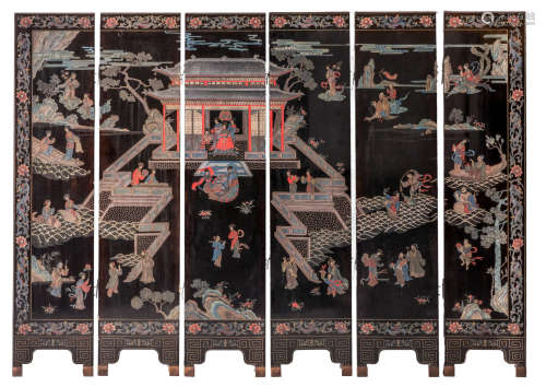 A decorative six panel screen, polychrome and relief decorated with an animated court scene, birds and flower branches, H 183,5 - W 258 cm