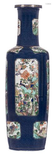 A Chinese bleu poudré and famille verte rouleau shaped vase, Kangxi, H 80 cm