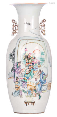 A Chinese polychrome decorated vase with an animated scene and calligraphic texts, marked, H 58 cm