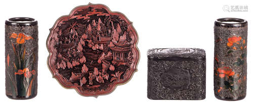 A Chinese decorated red lacquer plate with figures in a landscape, marked, and a ditto black lacquered box and cover; added a pair of Japanese cloisonné decorated porcelain vases, H 11-19 cm - ø 24 cm