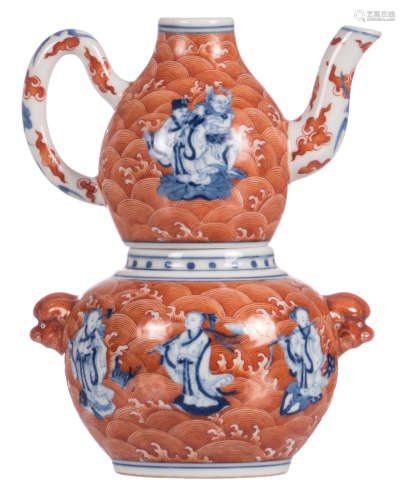 A Chinese double-gourd shaped teapot, blue and white and iron red decorated with the Eight Immortals, Daoguang marked, 19thC, H 17,5 cm