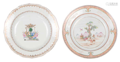 A Chinese export porcelain dish, famille rose decorated with various love symbols, 18thC; added a ditto armorial dish, H 3 - ø 23 cm