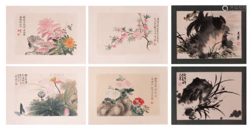 A lot of four Chinese woodcuts and two ditto watercolours depicting blossoms and flowers, 36,5 x 50 - 37 x 47,5 cm