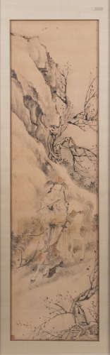 A Chinese scroll, framed, depicting a courtesan travelling in a mountainous landscape, ink and colour on paper, with a seal mark, 18th - 19thC, 39 x 142 cm