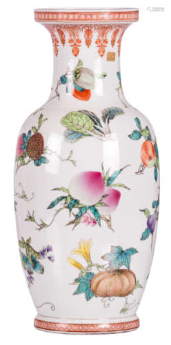 A Chinese baluster shaped polychrome decorated vase with various fruits and flowers, marked, H 45,5 cm