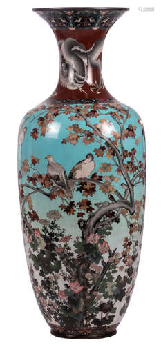 A monumental Japanese cloisonné vase overall decorated with birds on flower branches and a dragon, Meiji period, H 151 cm