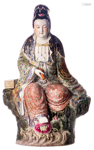 A fine Chinese polychrome decorated Guanyin, marked, about 1900, H 63 - W 40 cm