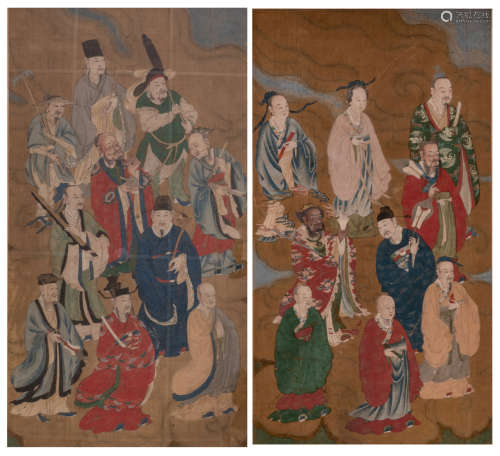 A pair of Chinese watercolours on textile depicting various figures of the pandemonium, including the Eight Immortals, 68 x 125 cm
