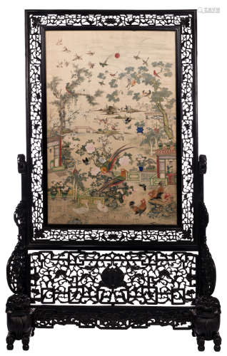 A fine Chinese carved hardwood screen, the panel watercolour on silk, depicting birds on flower branches in a garden landscape, 19thC, H 189,5 - B 116 - D 48 cm