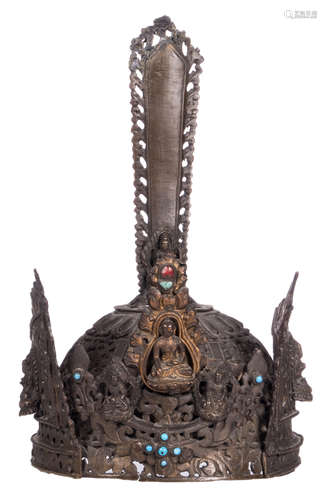 A Tibetan bronze tiara inlaid with turquoises and other semi-precious stones, 19thC, H 30 - W 18 cm