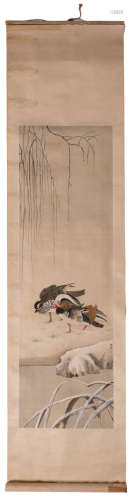 A Chinese watercolour on textile depicting two ducks in a winter landscape, marked Chen Meihu (by Chen Xu), 42 x 136 (image) - 53 x 205 cm