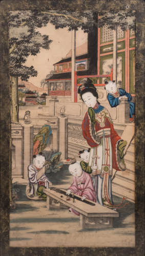 A Chinese hand coloured woodcut depicting an animated scene with a court lady and children, 19thC, in a matching wooden frame, 56 x 105 cm