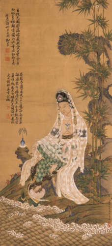 A Chinese scroll depicting Guanyin situated in a landscape near a rippling river, 38 x 84 - 54 x 168 cm (with mount)