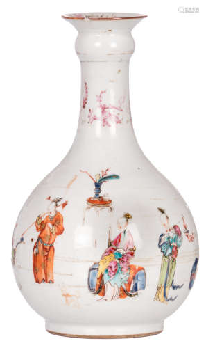 A Chinese famille rose garlic mouth bottle vase, overall decorated with figures and animals, first half of the 18thC, H 26 cm