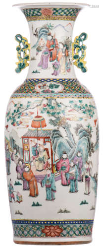 A Chinese famille rose vase, polychrome decorated with an animated scene in a court garden, H 60 cm