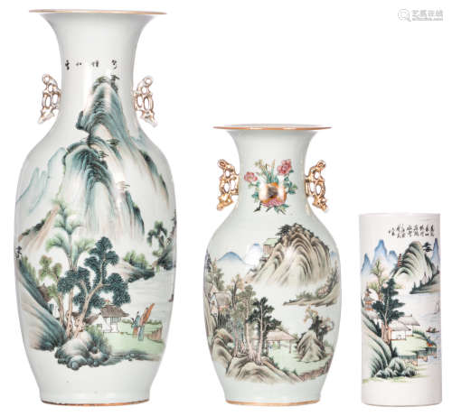 Three Chinese vases polychrome decorated with figures in a mountainous river landscape and with calligraphic texts, two of them with a mark, H 28 - 58 cm