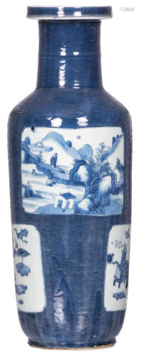 A Chinese blue ground rouleau shaped vase, the roundels blue and white decorated with a landscape, flower branches and antiquities, H 48 cm