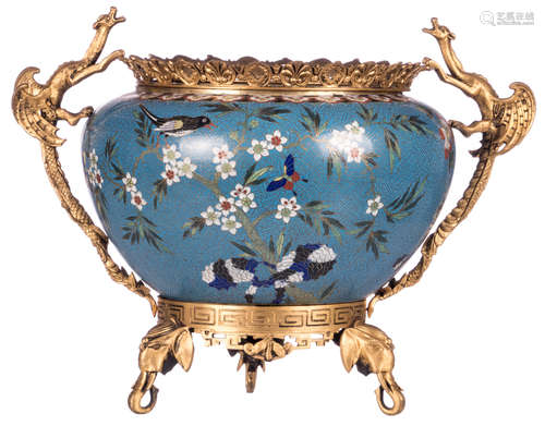 A Chinese cloisonné jardinière, overall decorated with birds and flower branches, with gilt bronze mounts, H 38 cm