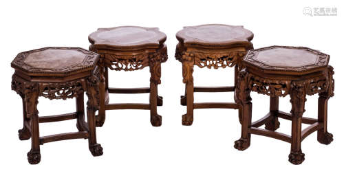 Two pairs of Chinese carved hardwood stools with a marble top, H 46,5 - 47,5 - ø 50 cm