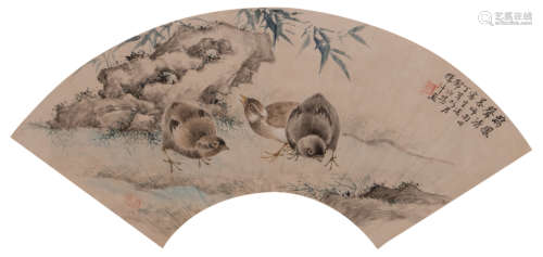 A Chinese watercolour depicting quails in a mountainous landscape, late 19thC, 18,2 x 51,2 cm