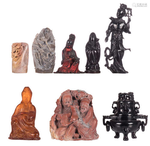 Three Chinese stone carvings; added five decorative synthetic resin statues, H 8,5 - 20 cm