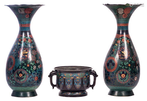 A Chinese archaic cloisonné enameled bronze vessel, the handles dragon shaped; added a pair of cloisonné floral decorated Japanese vases with a bird and a butterfly in a landscape, Meiji period, H 28 - 95 - ø 41 cm