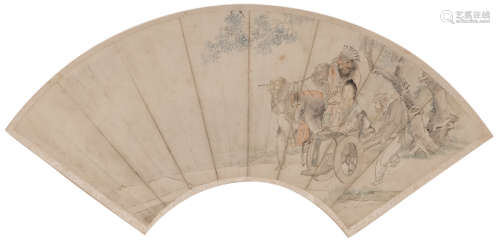 A Chinese fan shaped watercolour depicting a travelling courtesan accompanied by her Western servant, 19thC, 17,7 x 50,4 cm