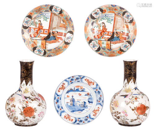 A pair of Japanese polychrome bottle vases, decorated with birds and flower branches, H 30 cm; added two ditto Imari dishes decorated with figures, Meiji period, ø 25 cm; extra added a Chinese Imari dish, 18thC, ø 22,5 cm