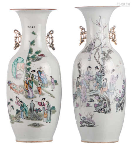 Two Chinese polychrome decorated vases, one vase with an animated scene, one vase with a gallant scene, with calligraphic texts, H 58 cm