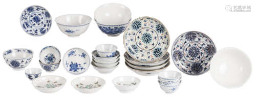 Various Chinese blue and white and polychrome floral decorated bowls, cups and saucers, marked Guangxu and period, H 2,5 - 5,5 - ø 5 - 13,5 cm
