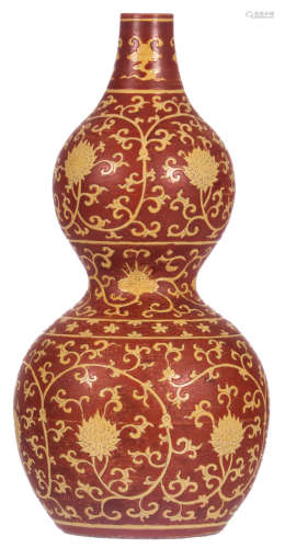 A Chinese red ground and yellow floral double gourd vase, Jiajing, H 44 cm