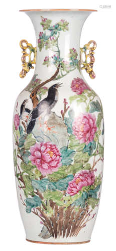 A Chinese famille rose vase, decorated with birds, flower branches and calligraphic texts, marked, H 60 cm