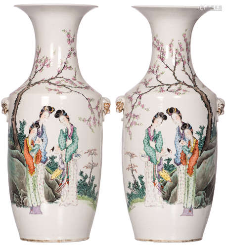 A pair of Chinese famille rose vases, decorated with a gallant scene and calligraphic texts, H 58 cm