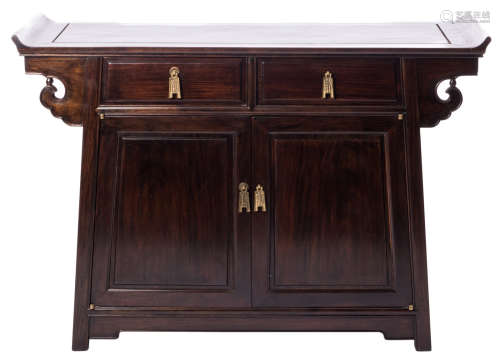 A Chinese hardwood cabinet with drawers, cupboard doors and brass handles, H 87 - W 125 - D 48 cm