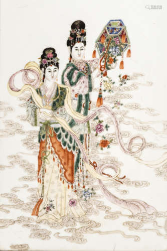 A Chinese polychrome decorated plaque depicting two deities, in a wooden frame, 19thC, 27 x 42 cm