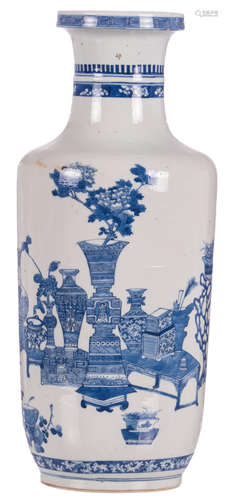 A Chinese blue and white rouleau shaped vase, decorated with antiquities and flower branches, H 45 cm