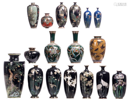 Seventeen Chinese and Japanese floral decorated cloisonné vases, some marked, H 9 - 24,5 cm