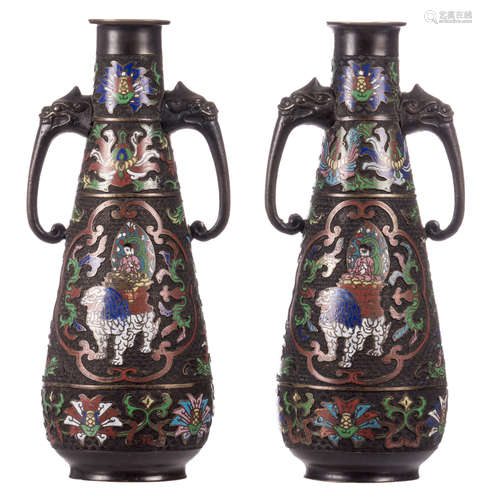 Two Chinese champlevé decorated vases, the handles dragon head shaped, marked, H 46 cm