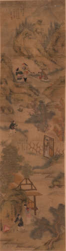A Chinese scroll depicting animated scenes in a landscape, 19thC, 30,6 x 120 - 39,2 x 166 cm (with mount)