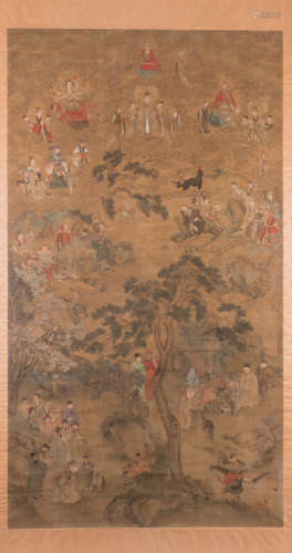 A Chinese scroll, textile on paper, silk mount, depicting Buddhist and Taoist Gods and Goddesses, gouache and watercolour, 18thC, 127,5 x 230 (without mount) - 138 x 257 cm (with mount), (on the reverse a text fragment)