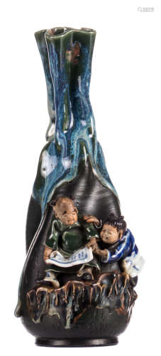 A Sumida Gawa vase, Japan, flambé glazed, polychrome and relief decorated with figures, H 24 cm