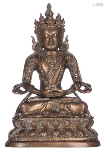 A Chinese bronze Amitayus Buddha with precious stone inlay and traces of polychrome paint, 18thC, H 16 - W 11 cm