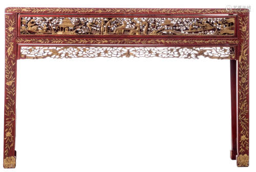 A Chinese polychrome and gilt carved side table with animated scenes and birds on flower branches, H 86 - W 131 - D 34 cm