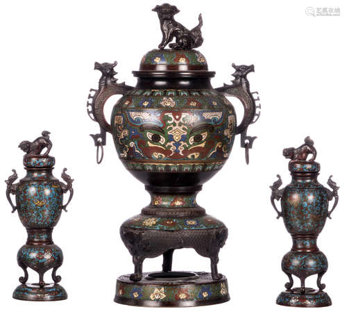 A large Chinese champlevé enamelled incense burner decorated with Taotie, late 19thC; added two dito vases and covers, H 33,5 - 59,5 cm