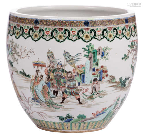 A Chinese famille rose jardinière, overall decorated with an animated scene, H 43,5 - ø 46 cm