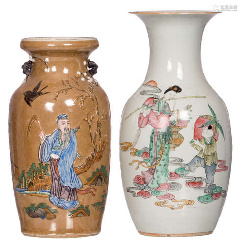 A Chinese famille rose vase, decorated with an animated scene and calligraphic texts; added a Chinese overall polychrome and relief decorated stoneware vase with a figure in a landscape, marked, H 38 - 41 cm