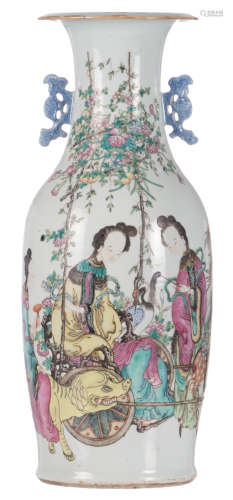 A Chinese famille rose vase, overall decorated with an animated scene, 19thC, H 61 cm