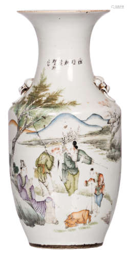 A Chinese polychrome decorated vase with an animated scene and calligraphic texts, 19thC, H 44 cm