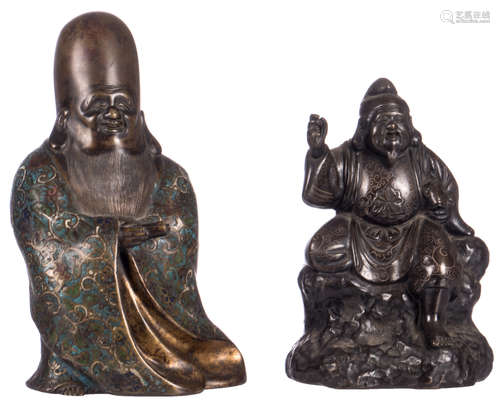 A Chinese champlevé bronze figure, depicting Shou Xing Lao, 19thC; added a Japanese patinated bronze figure depicting a jolly fisherman, with silver thread inlay, Meiji period, H 22 - 25 cm