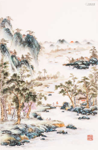A Chinese polychrome porcelain plaque, decorated with figures in a mountainous river landscape, signed by the artist, in a wooden frame, 25 x 39 cm (without frame)